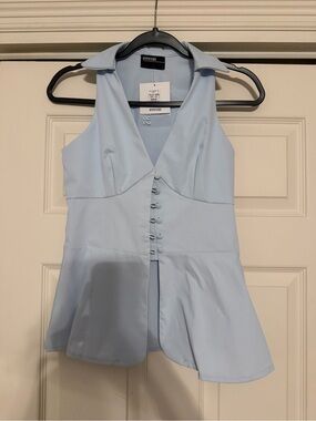 Light Blue Sleeveless Peplum Button-Front Blouse